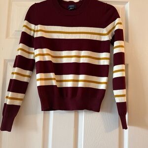 Forever 21 Striped Sweater Burgundy Maroon Gold White Crewneck Small Pullover‎